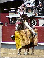 A horse is blind-folded before being used in a bullfight.
